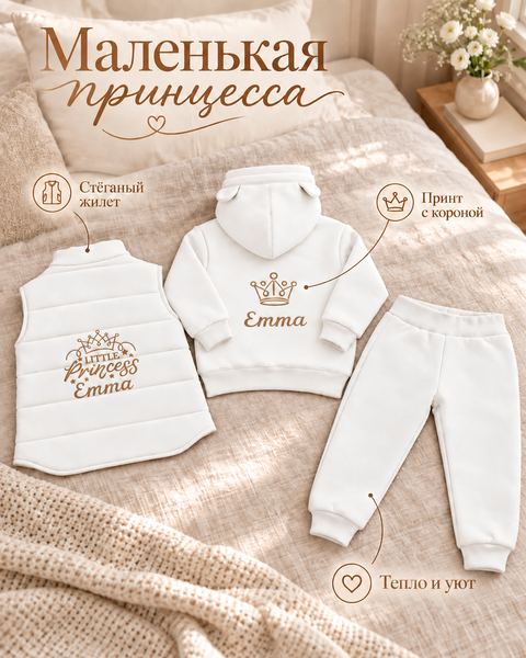 Именной детский комплект одежды Pampy &mdash; 3 предмета 50-56 см (0-1 месяцев) белый 16840699 фото