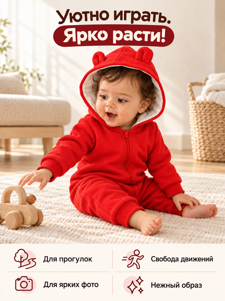 Комбинезон С капюшоном и без ножек Red 50-56 см (0-1 месяцев) ID999MARKET_6260034 фото