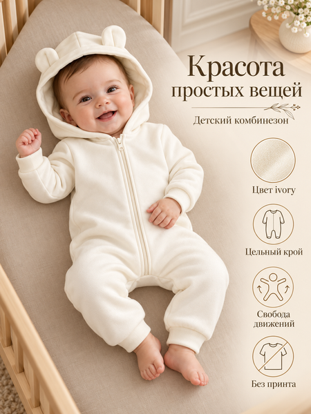 Комбинезон С капюшоном и без ножек Ivory 62-68 см (3-6 месяцев) ID999MARKET_6260034 фото