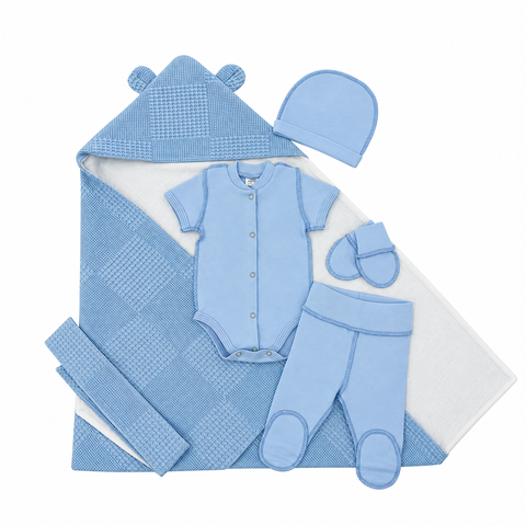 Set pentru externare Pampy Vafel Blue (Body cu m&acirc;necă scurtă+pantalonasi+caciulita subtire+mănuși anti-zg&acirc;rieturi)  87341967 foto