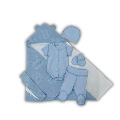 Set pentru externare Pampy Vafel Blue (Body cu m&acirc;necă scurtă+pantalonasi+caciulita subtire+mănuși anti-zg&acirc;rieturi)  87341968 foto