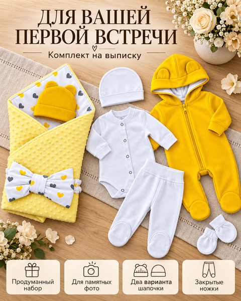 Комплект на выписку PAMPY Плюшевый 62-68 см (3-6 месяцев)Желтый ID999MARKET_6749614 фото