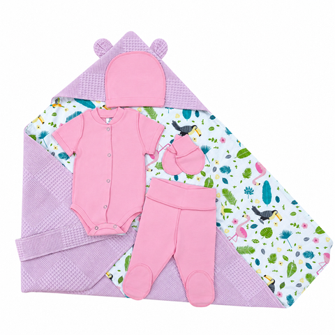 Set pentru externare Pampy Vafel Pink (Body cu m&acirc;necă scurtă+pantalonasi+caciulita subtire+mănuși anti-zg&acirc;rieturi)  87341969 foto