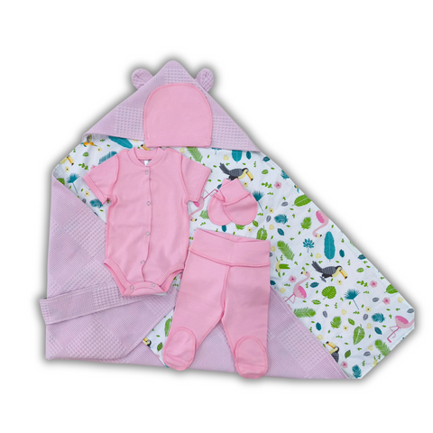 Set pentru externare Pampy Vafel Pink (Body cu m&acirc;necă scurtă+pantalonasi+caciulita subtire+mănuși anti-zg&acirc;rieturi)  87341970 foto