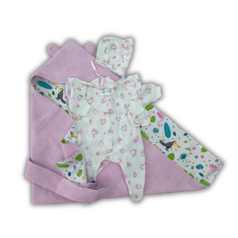 Set pentru externare Pampy Vafel Pink (Slip din Muslin cu aripioare+Căciuliță cu volănașe+Mănuși anti-zg&acirc;rieturi) 1-3 luni 34441216 foto