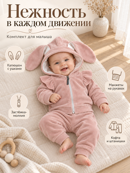 Костюм из пудровый велюр с крыльями и с ушками зайки 18-24 месяца 52192327 фото