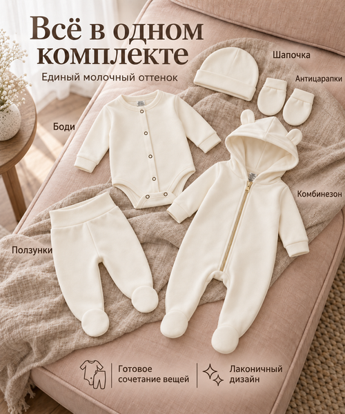 Комплект (Комбинезон+ боди+ шапочка+ ползунки) Pampy (1-3 мес.) Ivory ID999MARKET_6330205 фото