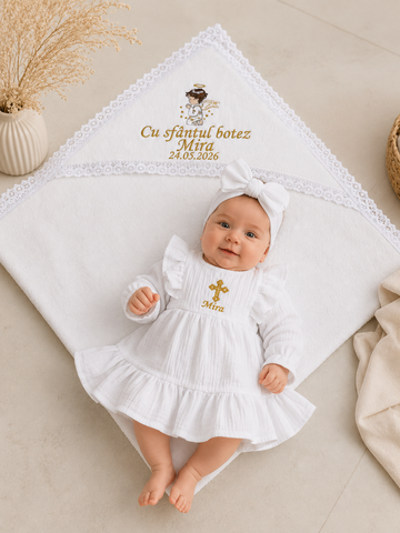 Set de botez pentru fetiță cu rochiță din muselină și prosop personalizat 1-3 luni 04972175 foto