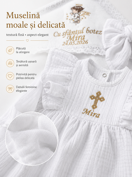 Set de botez pentru fetiță cu rochiță din muselină și prosop personalizat 1-3 luni 04972175 foto