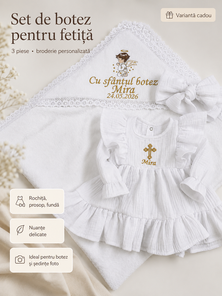 Set de botez pentru fetiță cu rochiță din muselină și prosop personalizat 1-3 luni 04972175 foto