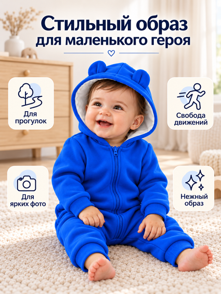 Salopeta din tricot cu gluga Fara picioare albastru electric 74-80 cm (9-12 luni) ID999MARKET_6260034 foto