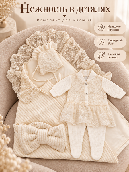 Set pentru externare Ivory cu Slip cu Dantelă 56-62 cm (1-3 luni) 71115711 foto