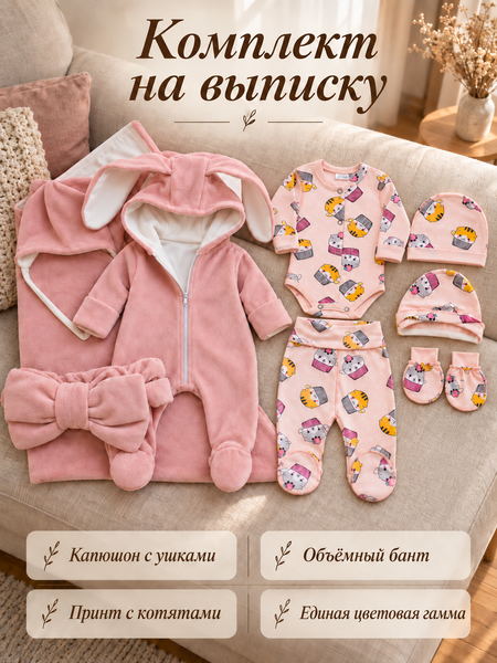 Set pentru externare din Velur Roz Pudra+Cats Keks 56-62 cm (1-3 luni) 40196993 foto