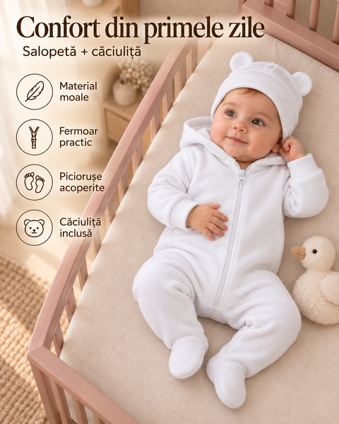 Salopetă Pampy din tricot de bumbac flaușat + căciuliță White 56-62 cm (1-3 luni) 6529085 foto