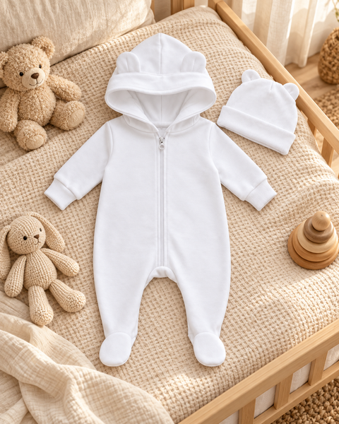 Salopetă Pampy din tricot de bumbac flaușat + căciuliță White 56-62 cm (1-3 luni) 6529085 foto