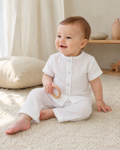 Set din muselină Pampy &mdash; bluziță cu m&acirc;necă scurtă + pantalonași Set din muselină Pampy &mdash; bluziță cu m&acirc;necă scurtă + pantalonași foto