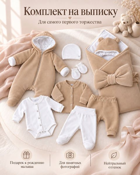 Set pentru externare Pampy din Velur Bej 56-62 cm (1-3 luni) 12813258 foto