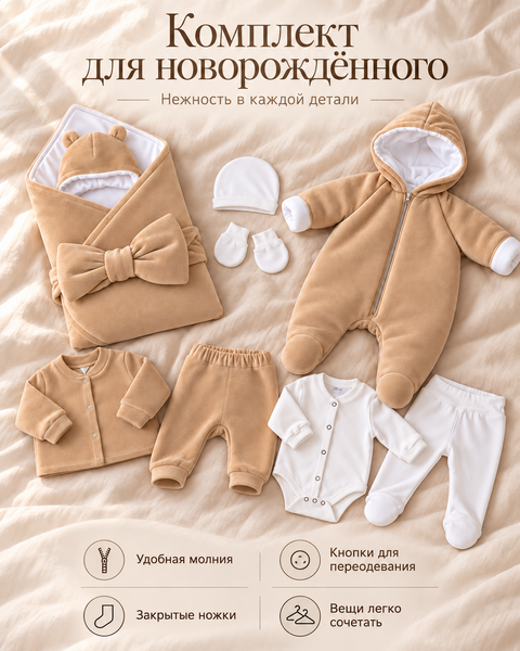 Set pentru externare Pampy din Velur Bej 56-62 cm (1-3 luni) 12813258 foto