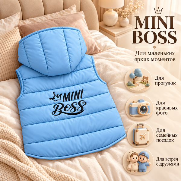 Жилеточка с капюшоном Голубая "Mini Boss" 12-18 месяцев ID999MARKET_6769843 фото