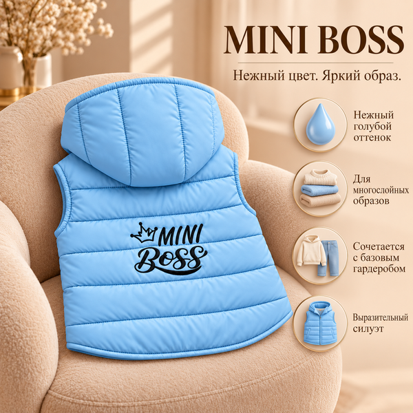 Жилеточка с капюшоном Голубая "Mini Boss" 12-18 месяцев ID999MARKET_6769843 фото