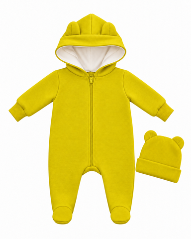Salopetă Pampy din tricot de bumbac flaușat + căciuliță Yellow 56-62 cm (1-3 luni) 6762539 foto