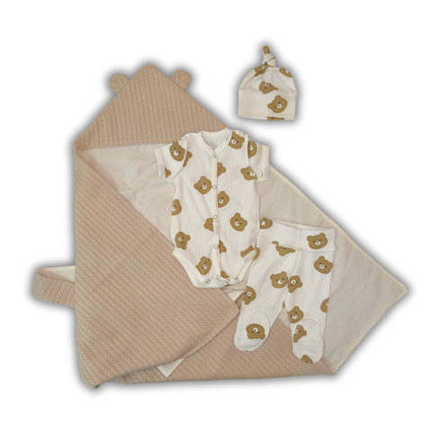 Set pentru externare Pampy (Body cu m&acirc;necă scurtă+pantalonasi+caciulita subtire cu Nod) Codiță Bej+Tricot Rib 75698523 foto