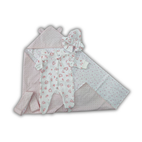 Set pentru externare Pink (Slip din Muslin cu aripioare+Căciuliță cu volănașe+Mănuși anti-zg&acirc;rieturi) 1-3 luni 23715672 foto