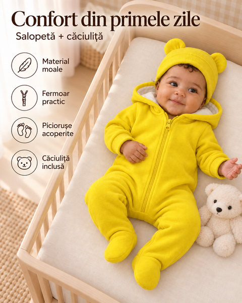 Salopetă Pampy din tricot de bumbac flaușat + căciuliță Yellow 56-62 cm (1-3 luni) 6762539 foto