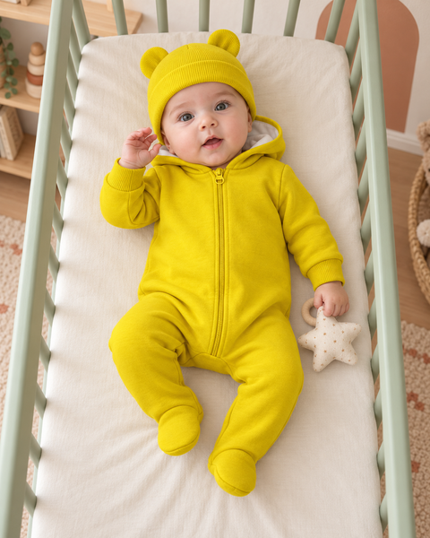 Salopetă Pampy din tricot de bumbac flaușat + căciuliță Yellow 56-62 cm (1-3 luni) 6762539 foto