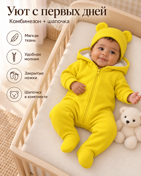Salopetă Pampy din tricot de bumbac flaușat + căciuliță Yellow 56-62 cm (1-3 luni) 6762539 foto