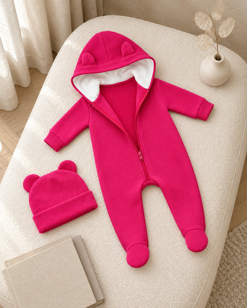 Salopetă Pampy din tricot de bumbac flaușat + căciuliță Pink  62-68 cm (3-6 luni) 6841207 foto