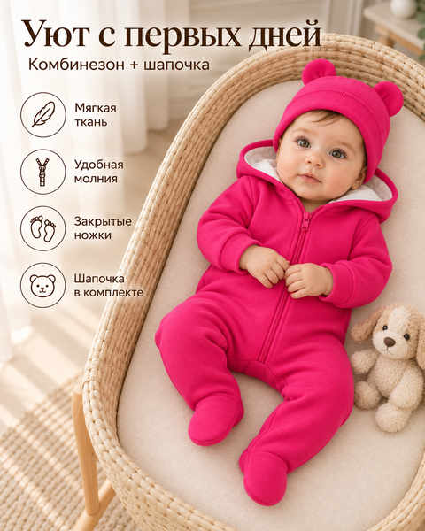 Salopetă Pampy din tricot de bumbac flaușat + căciuliță Pink  62-68 cm (3-6 luni) 6841207 foto