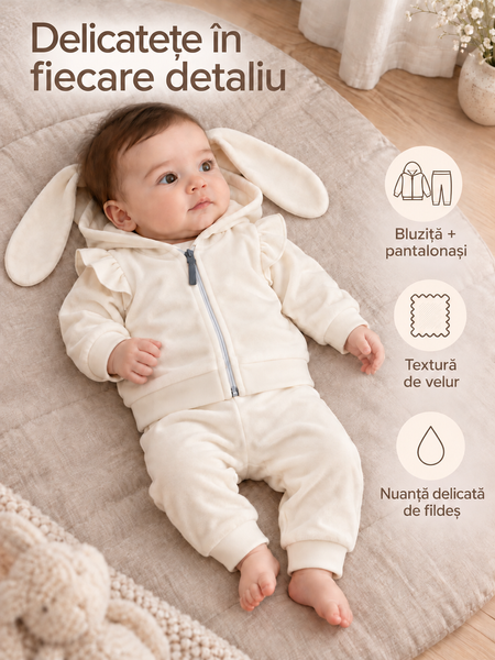 Costum Velur şi cu Urechiuşe de Iepuraş Ivory 56-62 (1-3 luni ) 60604333 foto
