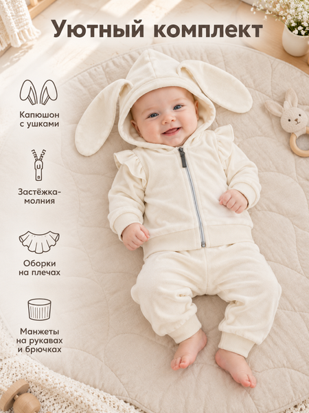 Costum Velur şi cu Urechiuşe de Iepuraş Ivory 56-62 (1-3 luni ) 60604333 foto