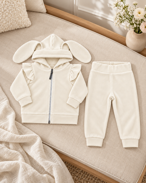 Costum Velur şi cu Urechiuşe de Iepuraş Ivory 56-62 (1-3 luni ) 60604333 foto