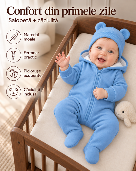 Salopetă Pampy din tricot de bumbac flaușat + căciuliță Blue  86-92 cm (18-24 luni) 6841413 foto