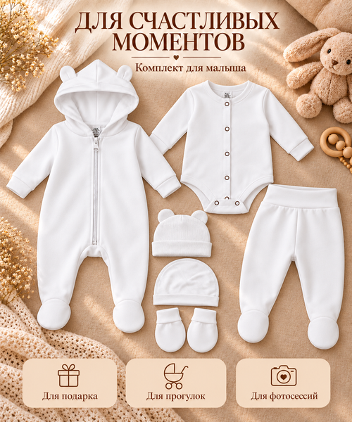 Комплект (Комбинезон+ боди+ шапочка+ ползунки) Pampy (0-1 мес.) White ID999MARKET_6330205 фото