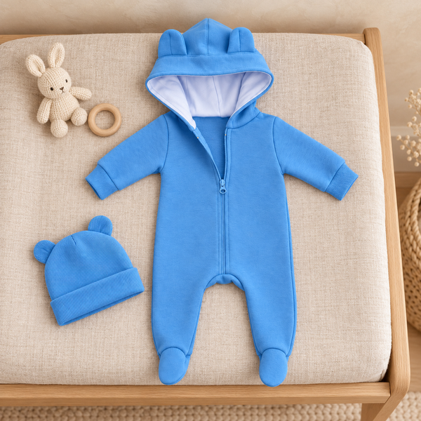 Salopetă Pampy din tricot de bumbac flaușat + căciuliță Blue  86-92 cm (18-24 luni) 6841413 foto