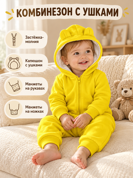 Комбинезон С капюшоном и без ножек Желтый  62-68 см (3-6 месяцев) ID999MARKET_6260034 фото