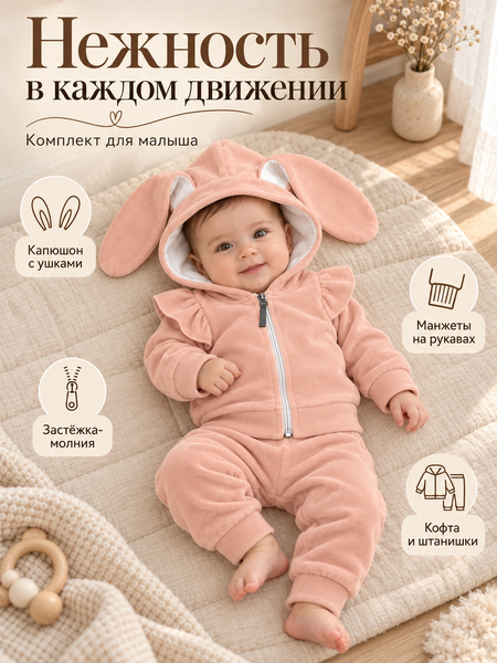 Велюровый костюм,персиково-розовый, с заячьими ушками 68-74 см (6-9 месяцев) 60604341 фото