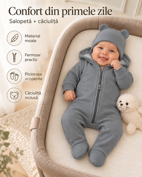 Salopetă Pampy din tricot de bumbac flaușat + căciuliță Gray 68-74 cm (6-9 luni) 20152163 foto