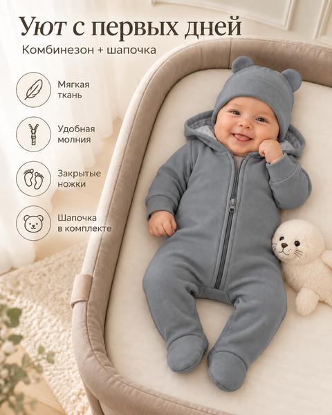 Salopetă Pampy din tricot de bumbac flaușat + căciuliță Gray 68-74 cm (6-9 luni) 20152163 foto