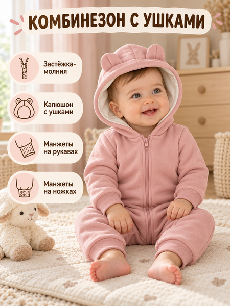 Комбинезон С капюшоном и без ножек Light Pink   74-80 см (9-12 месяцев) ID999MARKET_6260034 фото