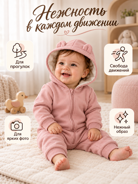 Комбинезон С капюшоном и без ножек Light Pink   74-80 см (9-12 месяцев) ID999MARKET_6260034 фото