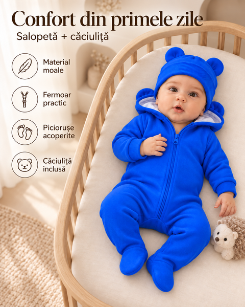 Salopetă Pampy din tricot de bumbac flaușat + căciuliță albastru electric 50-56 cm (0-1 luni) 79507983 foto