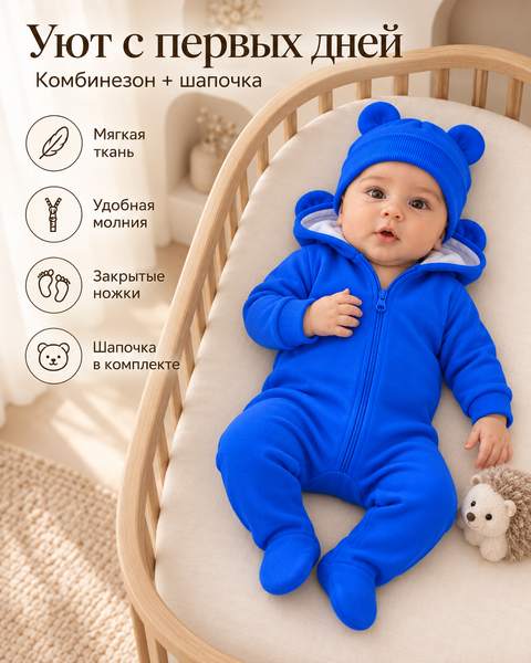 Salopetă Pampy din tricot de bumbac flaușat + căciuliță albastru electric 50-56 cm (0-1 luni) 79507983 foto