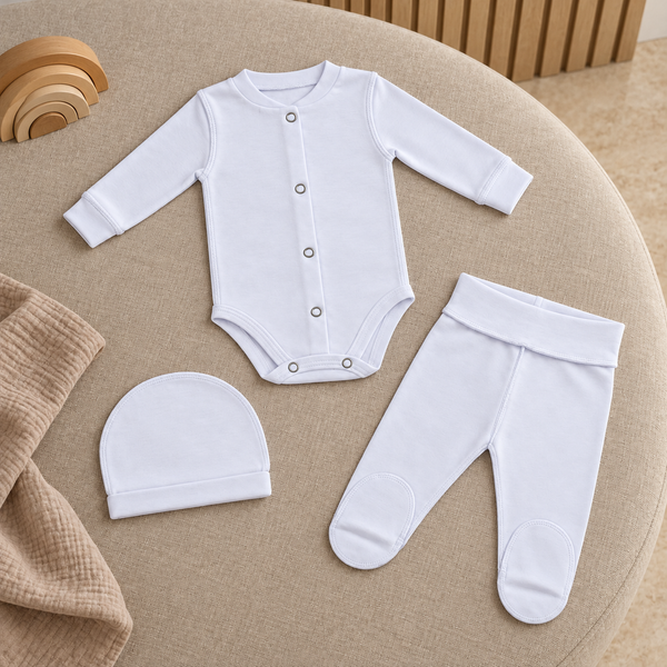 Комплект из 3-х единиц 0-1 месяцев White (боди+ползунки+ шапочка)  ID999MARKET_6321602 фото