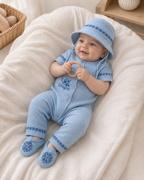 Set pentru botez Pampy &ndash; prosop din mahra + salopetă, pălărioară și botoșei 50-56 cm (0-1 luni) 92203281 foto