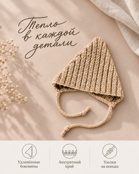 Вязанная шапочка на заязочках Pampy Bej 3-6 месяцев (40-42 см) ID999MARKET_6124937 фото